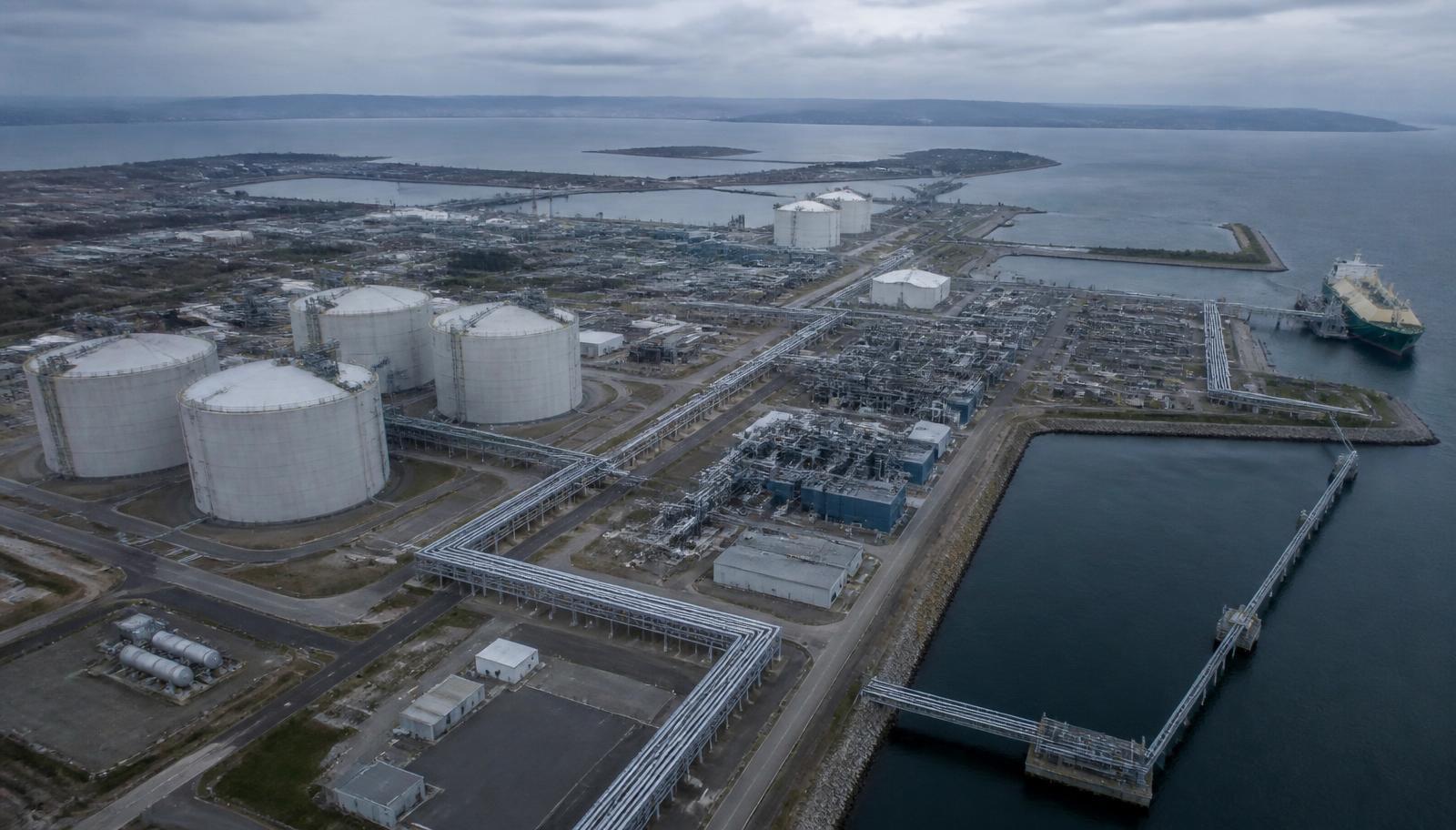 Luchtfoto van een industrieel energiecomplex met pijpleidingen aan het water